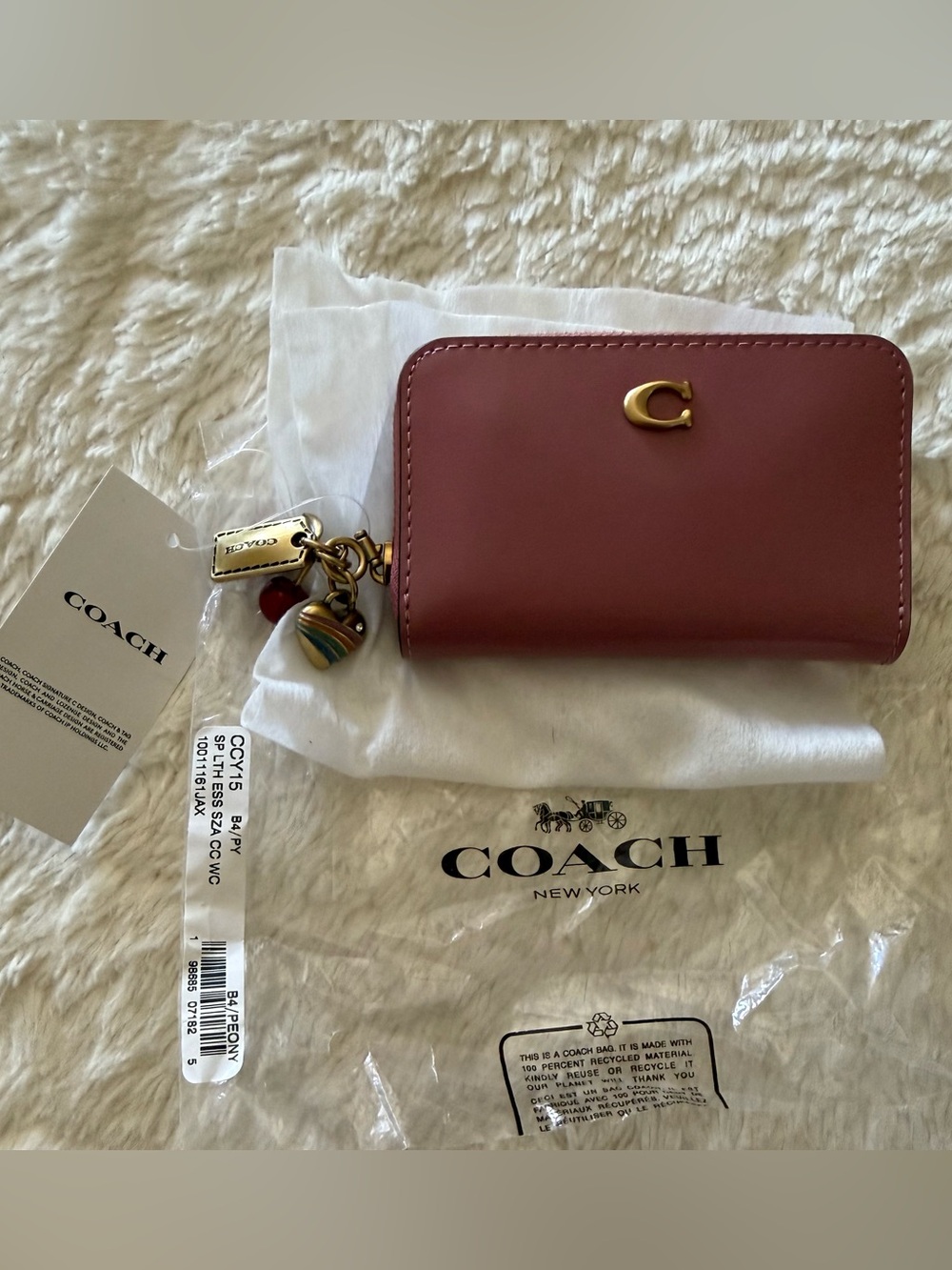 COACH Spazzolato Essential Small Zip Around Card Case with charms Peony pink - Picture 2 of 5